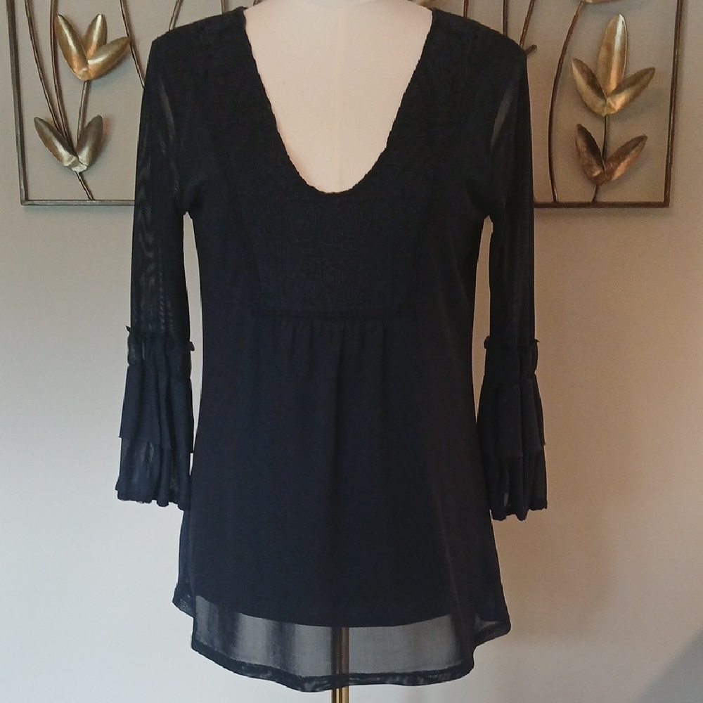 Verve Ami Navy Blue Asymmetrical Bell Sleeve Blouse | Sz S